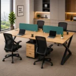 Amelia Linear Four Persons Workstation with attached double drawers for organized office workspaces.