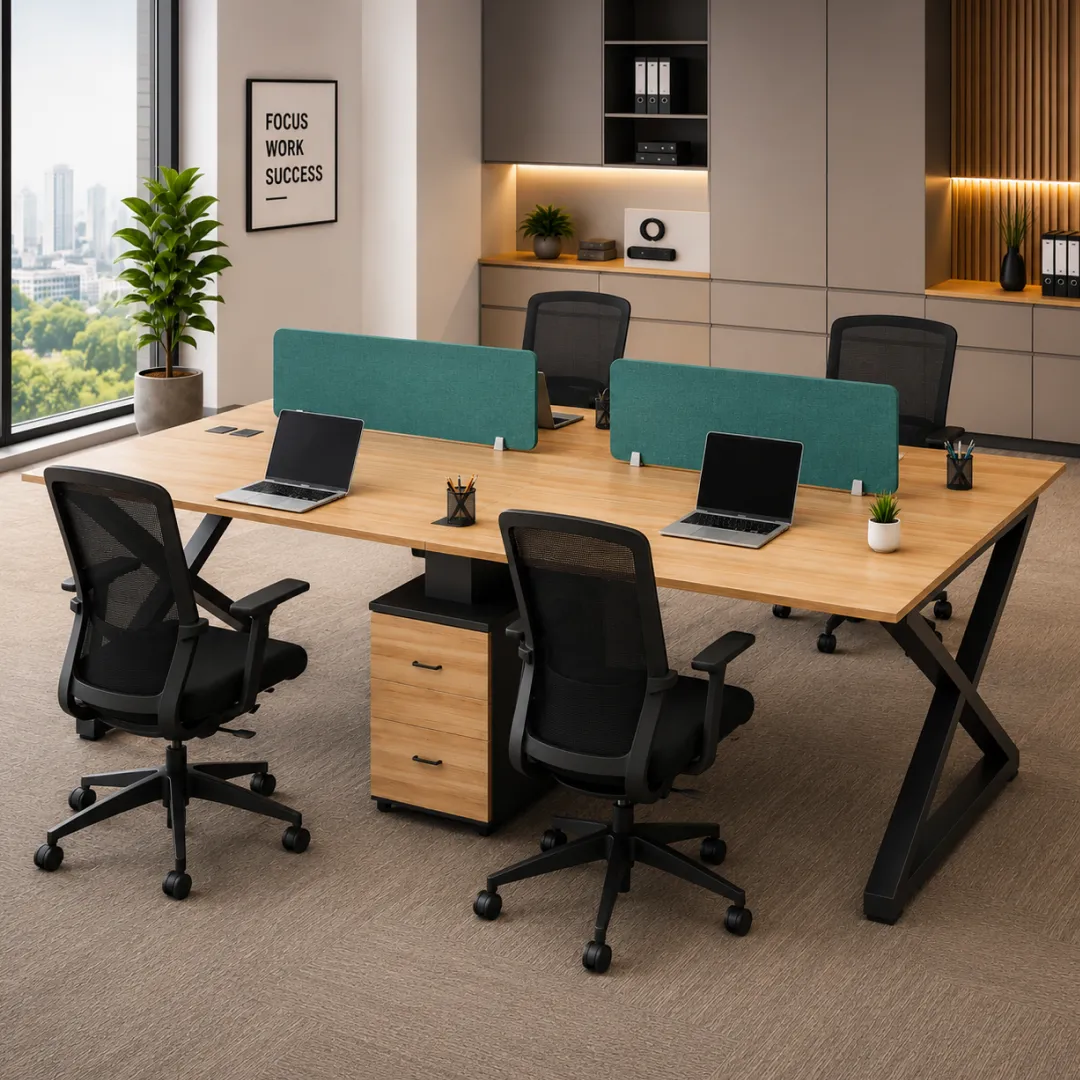 Amelia Linear Four Persons Workstation – Stylish & Functional | officerepublic Amelia Linear Four Persons Workstation with attached double drawers for organized office workspaces.