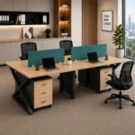 Modern Amelia Linear Four Persons Workstation featuring independent drawer units and spacious desks.