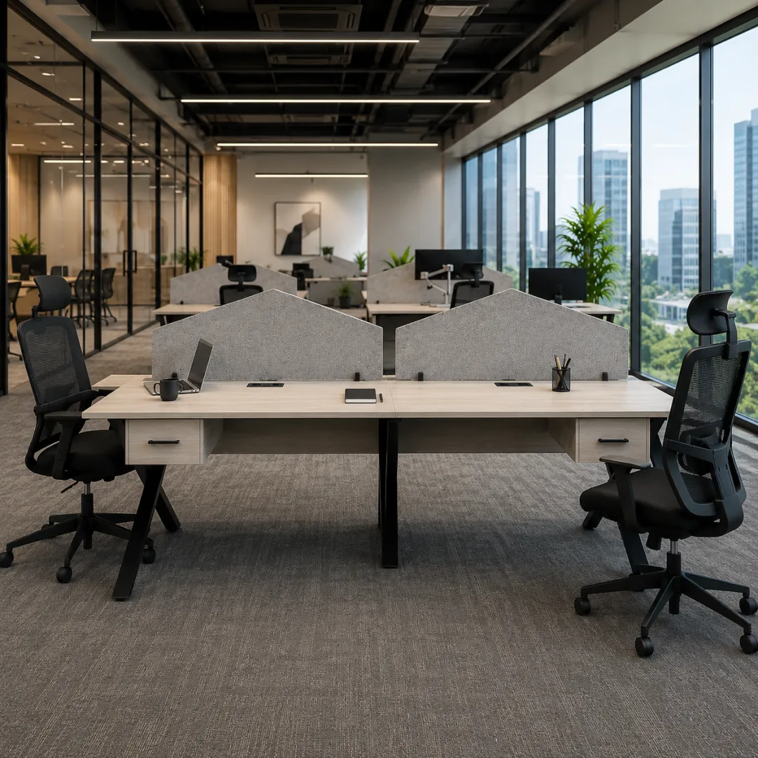Better Than Solo Cubicles: Exoz 4 Persons Linear Workstation with Single Drawers | officerepublic Overhead view showcasing wire grommets on an Exoz 4 Persons Linear Workstation with Single Drawers