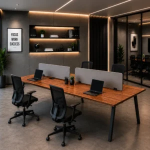 Freedom Four Persons Linear Workstation without drawers for collaborative office environments.