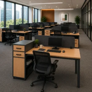 Cable grommet details on the Prive Single Person Linear Workstation with Storage Unit