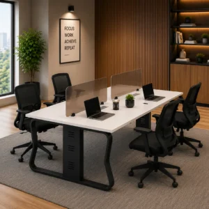 Smeda Four Persons Linear Workstation without storage unit for collaborative office spaces.