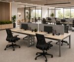 Clean white steel legs on Prive Four Persons Linear Workstation without Storage