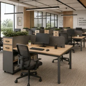 Dual user setup using Prive Two Persons Linear Workstation with Storage Unit