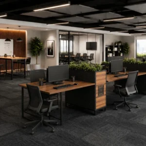 Minimalist open office floor plan featuring an X-Box Linear 4 Person Workstation