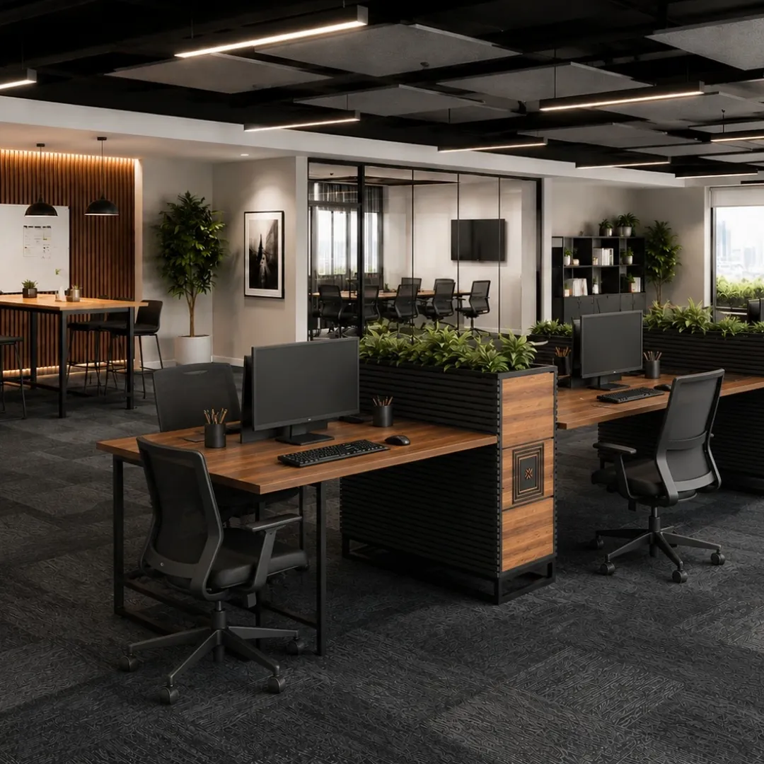 Minimalist open office floor plan featuring an X-Box Linear 4 Person Workstation