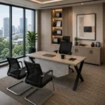 Employee working efficiently at the modern Exoz Series Staff Table With Drawer