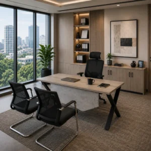 Employee working efficiently at the modern Exoz Series Staff Table With Drawer