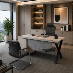 Exoz Series Staff Table With Storage featuring integrated lockable filing drawers