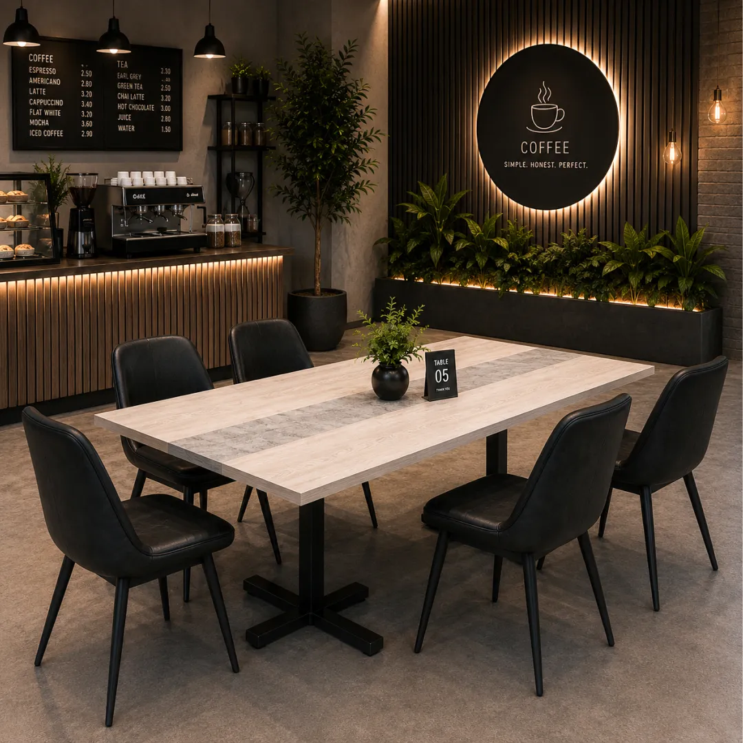 Exoz Series 6 Person Café Table – Upgrade Your Café Space | officerepublic Stylish Exoz Series 6 Person Café Table for cafés, offices, and breakrooms.