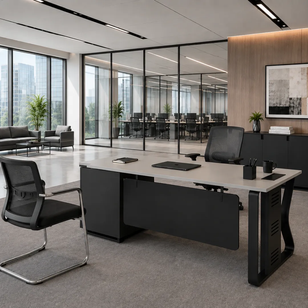 Stop Paperwork Stacks with Smeda Series Staff Table With Three Drawers | officerepublic Oak finish top showing wire routing grommet on Smeda Series Staff Table With Three Drawers