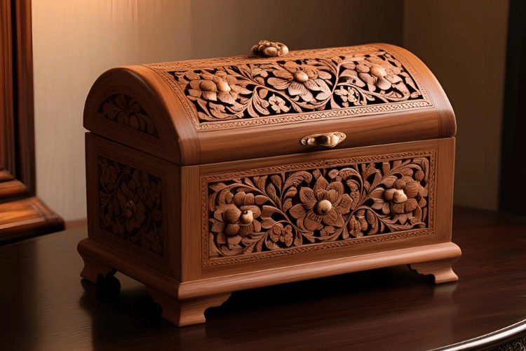 Engraved Teakwood Jewelry Casket