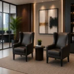 Side view showing curved wood base on the modern Elf Lounge Chair