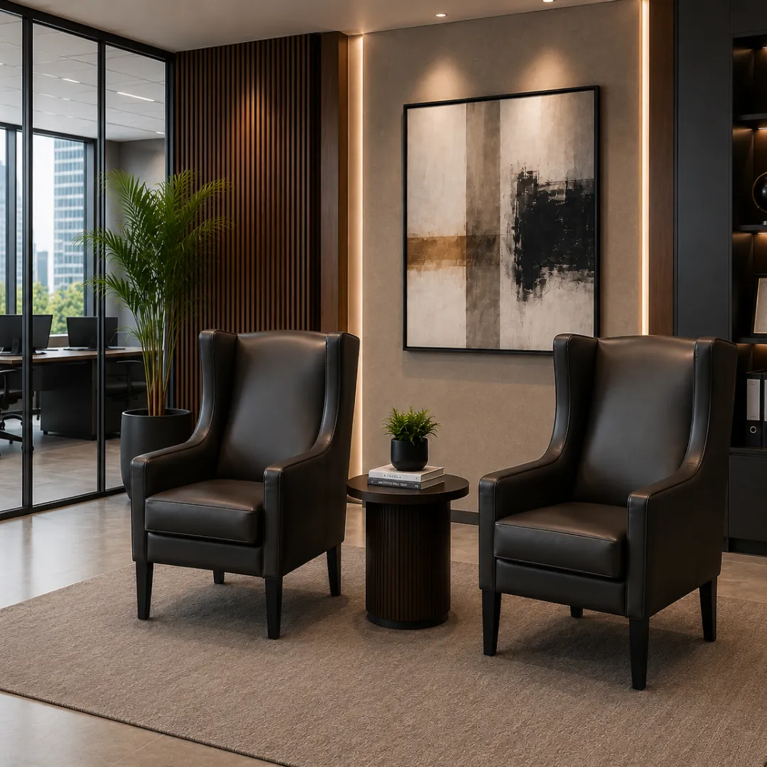 Side view showing curved wood base on the modern Elf Lounge Chair