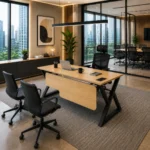 Modern open-plan corporate room featuring the Amelia Series Staff Table With Drawer