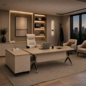 Spacious L-shaped workspace provided by the Apex Executive Table with Side Rack