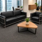 Blemo Corner Table neatly fitting an empty reception space angle