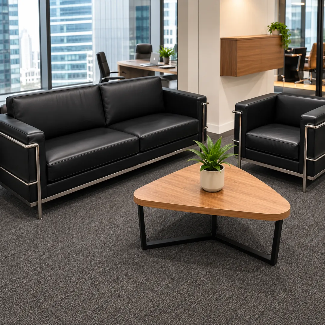 Blemo Corner Table neatly fitting an empty reception space angle
