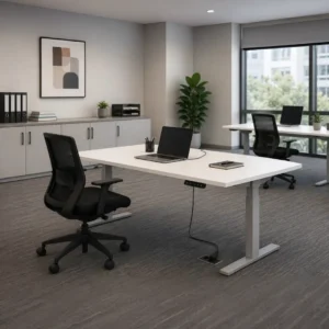 Dual monitor setup on a sturdy Electric Height Adjustable Workstation desk