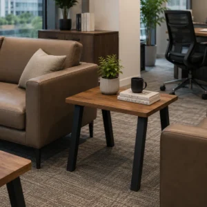 Solid oak veneer tabletop detailing on modern Freedom Side Table model