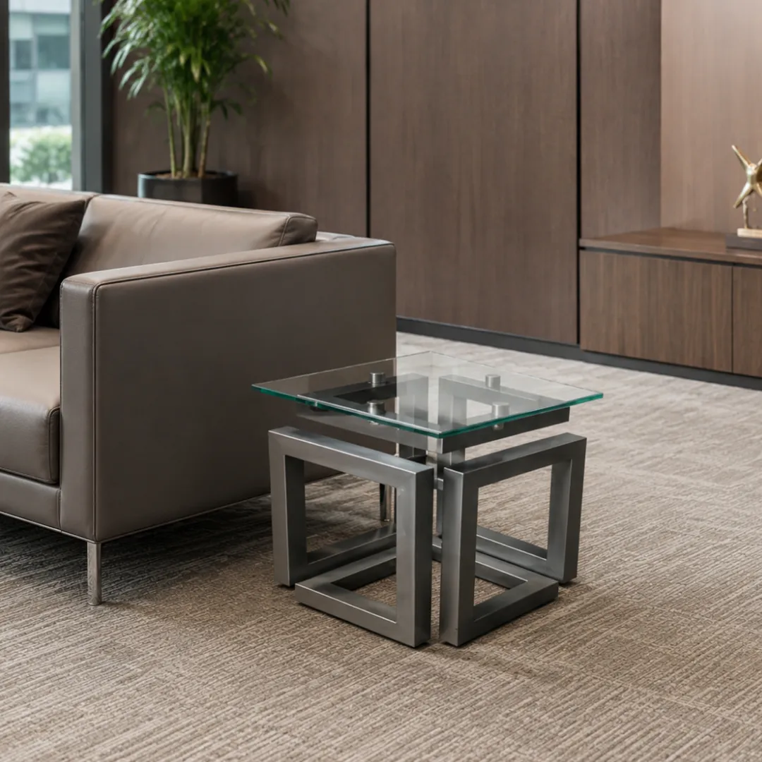 Infinity Corner Table Maximizes Reception Waiting Room Layouts | officerepublic Infinity Corner Table positioned beside a leather executive guest chair