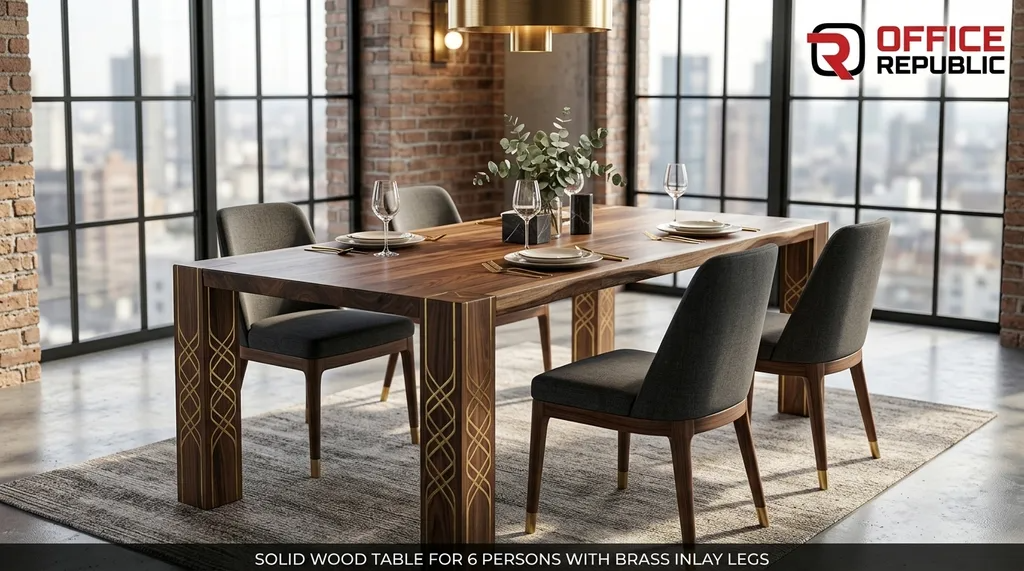 Solid Wood Table for 6 With Brass Inlay Legs
