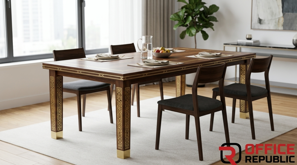Solid Wood Table for 4 With Brass Inlay Legs